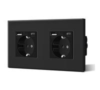 BSEED Doppia presa Schuko da parete con USB e vetro di tipo C, 3 in 1, prese da incasso a 2 vie, con potenza di ricarica USB da 2,1 A e adattatore di tipo C, presa di prolunga da 157 mm, colore nero