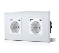 BSEED Doppia presa Schuko da parete con USB e vetro di tipo C, 3 in 1, prese da incasso a 2 vie, con potenza di ricarica USB da 2,1 A e adattatore di tipo C, presa di prolunga da 157 mm, colore bianco