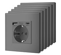 BSEED Enchufe de Pared con Cristal, Prese da Incasso Standard, Presa di Corrente, Sicurezza per Bambini, Facile da Installare, 1 Enchufe USB C- 6 Paquetes, Grigio