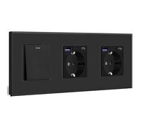 BSEED Interruttore con presa, doppia presa Schuko da incasso con USB C caricatore rapido 20W USB tipo C, 1 vano 1 via interruttore con tasto e cornice in vetro Adatto per telefono, Pad - Nero