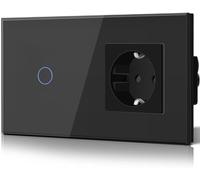 BSEED - Interruttore con presa Schuko, in vetro, da incasso, 16 A, scatola di sicurezza, CEE, 1 vano, 1 via, touch, per applicazione a parete, nero