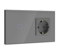 BSEED Interruttore con spina, 1 Gang 1 via Interruttore di luce con spina a parete,Interruttore tattile grigio a parete con indicatore LED, prese di prolunga con pannello in vetro temperato
