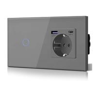BSEED - Interruttore della luce con presa 20W USB C, caricabatterie rapido a muro in vetro, 1 scomparto 1 via, interruttore touch, installazione semplice, 240V 16A, 157 mm, grigio