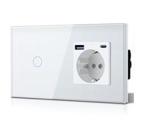 BSEED - Interruttore della luce con presa 20W USB C, caricabatterie rapido a parete in vetro, 1 vano 1 via, interruttore touch, installazione semplice, 240V 16A, 157 mm, bianco