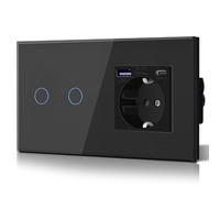 BSEED - Interruttore della luce con presa 20W USB C, caricabatterie rapido da parete in vetro, 2 vani 1 via, interruttore touch, installazione semplice, 240V 16A, 157 mm, nero