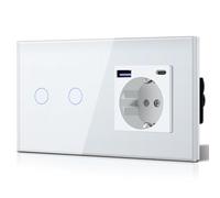 BSEED - Interruttore della luce con presa 20W USB C, caricabatterie rapido, presa da muro in vetro, 2 scomparti, 1 via, interruttore touch, installazione semplice, 240V 16A, 157 mm, bianco