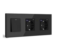 BSEED Interruttore della luce con presa, doppia presa Schuko da incasso con USB C 20 W, caricatore rapido USB tipo C, 1 scomparto 1 via, interruttore con cornice in vetro, adatto per telefono, pad
