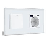BSEED Interruttore della luce con presa Schuko da incasso con USB C 20 W, caricatore rapido USB tipo C, 1 scomparto con pulsante a 2 vie, con cornice in vetro, adatto per telefono, pad bianco