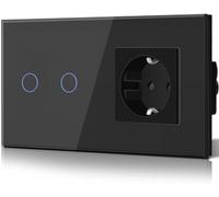 BSEED Interruttore della luce con presa Schuko in vetro, da incasso, 16 A, con presa CEE a 2 vani e 1 via, interruttore per luce da parete nero, interruttore piatto, moderno, impermeabile