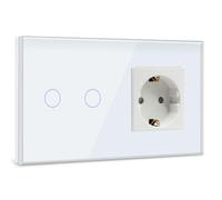 BSEED Interruttore della luce touch con presa con display LED, interruttore da parete a 2 scomparti, 1 via, interruttore touch screen da incasso con cornice in vetro bianco (carico massimo: 3 - 500 W
