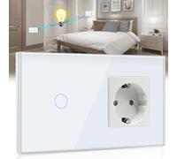 BSEED Interruttore della luce touch con presa di corrente con display LED, 1 scomparto a 2 vie, toccare il campo del sensore touch screen, prese da parete LED bianche (non interruttore intelligente)