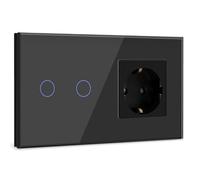BSEED Interruttore della Luce Touch Con Presa e Display LED - Interruttore da Parete a 2 Scomparti, 1 Via, Touch Screen da Incasso Con Cornice in Vetro Nero (Carico Massimo: 3-500 W)