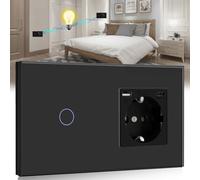 BSEED Interruttore della Luce Touch Con Presa USB e Porta Tipo C - 1 Vano, 2 Vie, Da Incasso - Cornice in Vetro Nero, 500 W, Max 2,1 A
