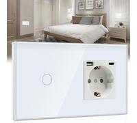 BSEED Interruttore della Luce Touch con Presa USB, Porta Tipo C, 1 Vano, Interruttore da Parete a 2 Vie, Cornice in Vetro Bianco