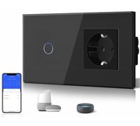 BSEED Interruttore della luce WLAN (neutro richiesto), 1 interruttore WiFi a 1 via, con presa non WiFi in vetro, interruttore intelligente compatibile con Alexa/Tuya/Google Home/SAMRT LIFE, nero