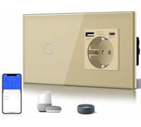BSEED Interruttore della luce WLAN (neutro richiesto), 1 interruttore WiFi a 1 via, con presa non WiFi, USB C in vetro, interruttore intelligente compatibile con Alexa/Tuya/Google Home/SAMRT LIFE, oro