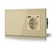 BSEED Interruttore di illuminazione con presa da incasso 1 scomparto + presa 3 in 1 USB 2,1 A e tipo C, presa di prolunga in vetro dorato 157 mm