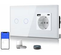 BSEED Interruttore intelligente Wi-Fi, interruttori tattili con vetro, compatibile con Alexa, Tuya e Smart Life, richiede cavo neutro, 2 Gang 1 via + 1 presa USB/tipo C, 157 mm bianco