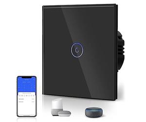 BSEED Interruttore intelligente WIFI,Interruttori tattili con cristallo,Compatibile con Alexa,Tuya e Smart Life,Richiede cavo neutro, 1 Gang 1 via,86 mm nero