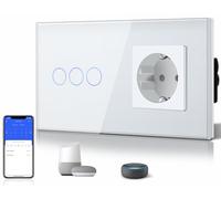 BSEED Interruttore tattile da parete Wi-Fi a 3 pulsanti a 1 via; cavo neutro necessario; con presa Schuko standard 16 A, compatibile con Alexa e Google Home, bianco