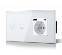 BSEED - Interruttore tattile e presa a muro, Presa di corrente con USB C, Pannello in vetro con pulsante LED, Senza funzione Wi-Fi, 2 Gang 1 Via + 1 presa USB/Tipo C, 157 mm Bianco