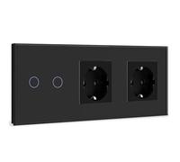 BSEED Interruttore Touch Con Prese e Display LED - 2 Scomparti, 1 Via, Doppia Presa, Schermo Touch, Cornice in Vetro 228 mm, Nero, 500 W