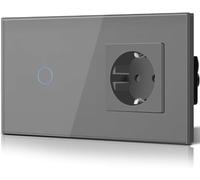 BSEED - Interruttore touch e presa a muro, Pannello in vetro con pulsante LED, Interruttori moderni, Senza funzione Wi-Fi, 1 Gang 1 Via + 1 presa, 157 mm, grigio