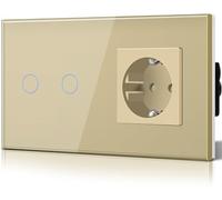 BSEED - Interruttore touch e presa a muro, Pannello in vetro con pulsante LED, Interruttori moderni, Senza funzione Wi-Fi, 2 Gang 1 Via + 1 presa, 157mm Oro