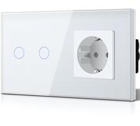 BSEED - Interruttore touch e presa da parete, Pannello in vetro con pulsante LED, Interruttori moderni, Senza funzione Wi-Fi, 2 Gang 1 Vi 1 Presa, 157mm, bianco