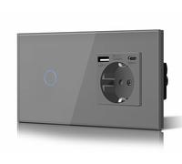 BSEED Interruttore touch e presa da parete, Presa di corrente con USB C, Pannello in vetro con pulsante LED, Senza funzione Wi-Fi, 1 Gang 1 Via + 1 presa USB/Tipo C, 157mm Grigio