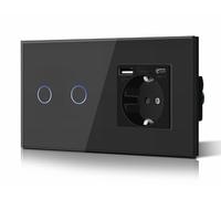 BSEED Interruttore touch, interruttore da incasso, interruttore da parete con indicatore LED e pannello in vetro, cablaggio semplice, 2 interruttori 2 controllo con presa USB C, 157 mm, nero
