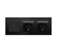 BSEED LIFE - Interruttore della luce con presa, a LED da incasso, standard UE con telaio in vetro, 1 presa a 2 vie, con copertura impermeabile, presa a paletta con artigli, 86 x 228 mm, colore nero
