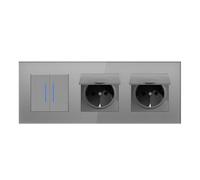 BSEED LIFE - Interruttore della luce con presa, a LED da incasso, standard UE con telaio in vetro, presa Schuko a 2 vie, con copertura impermeabile, presa a paletta con artigli, 86 x 228 mm, grigio