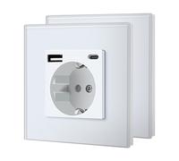 BSEED - Presa a muro, standard Schuko con USB C 2.1A, pannello in vetro, sicurezza per bambini, installazione facile, 16 A 250 V, 1 presa USB C, 2 pacchetti, 86 mm, bianco