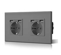 BSEED Presa da Parete con 2 USB, Prese Doppie Incassate con Cristallo, Presa di Corrente, Sicurezza Infantile, Facile da Installare, Serie M, 2 Prese con 2 USB, 157mm Grigio