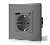 BSEED Presa da parete con 20 W USB e tipo C, presa USB C in vetro, ricarica rapida, 3 in 1, facile installazione, 1 spina, 86 mm grigio