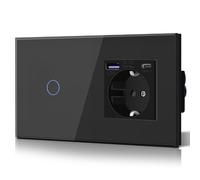 BSEED Presa Doppia da Parete con USB 20W e Tipo C, Presa USB C in Cristallo, Ricarica Rapida, 3 in 1, Facile Installazione, 1 Gang 1 Via, 157mm Nero