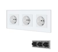 BSEED Presa Schuko a 3 scomparti con morsetto a incastro, piastra in vetro di cristallo, presa singola 16 Amp, presa da incasso, 228 mm, colore bianco