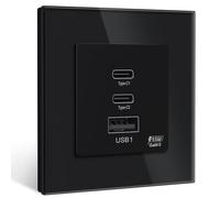 BSEED Presa Schuko, Caricabatterie GaN 65W, 2×USB C/1×USB A con pannello in vetro, Presa da incasso a parete per dispositivi elettronici/smartphone/tablet, Nero