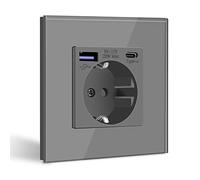 BSEED Presa Schuko con USB C 20 W, caricatore rapido USB tipo C, presa da parete con pannello in vetro, presa USB da incasso, adatta per telefono, pad, MP3 e più grigio