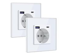 BSEED Presa Schuko con USB C 20 W, caricatore rapido USB tipo C, presa da parete con pannello in vetro, da incasso, adatta per telefono, pad, MP3 e più bianco, 2 pezzi