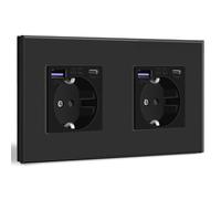 BSEED - Presa Schuko con USB C 20W Carica Rapida USB Tipo C, Presa a Parete con Pannello in Vetro, 2 Vani, Presa USB da Incasso, Presa da Incasso, Adatta per Telefono, Tablet, MP3 e altro - Nero