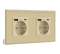 BSEED Presa Schuko Con USB C 20W - Caricatore Rapido Tipo C, Presa Da Parete Con Pannello In Vetro, 2 Prese, USB Da Incasso, Adatta Per Telefono, Pad, MP3 E Più - Oro