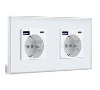 BSEED - Presa Schuko con USB C 20W caricatore rapido USB Type C, presa a muro con pannello in vetro, 2 vani, presa USB da incasso, adatta per telefono, tablet, MP3 e altro - Bianco