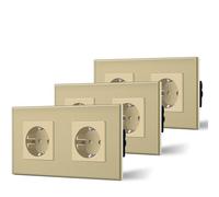 BSEED Presa Schuko, confezione da 3 pezzi, 16 Amp AC Power, piastra in vetro di cristallo, 2 prese, 157 mm, doppia presa di protezione da parete, oro