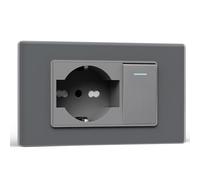 BSEED Presa Schuko e Interrutore 1 Gang 2 Vie, Prese Elettriche da Muro 10A/16A e Interruttore a Levetta, Schuko con Pannello di Vetro, Presa Bipassa 118mm Grigio