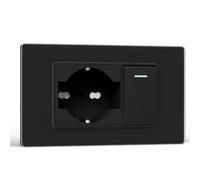 BSEED Presa Schuko e Interrutore 1 Gang 2 Vie, Prese Elettriche da Muro 10A/16A e Interruttore a Levetta, Schuko con Pannello di Vetro, Presa Bipassa 118mm Nero