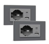 BSEED Presa Schuko e Presa Italiana con USB-A e Type-C, Prese Elettriche da Muro 10A/16A, Prese USB da Muro con Pannello di Vetro, Spina Bipassa 118mm Grigrio, 2 Pezzi