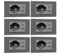 BSEED Presa Schuko e Presa Italiana con USB-A e Type-C, Prese Elettriche da Muro 10A/16A, Prese USB da Muro con Pannello di Vetro, Spina Bipassa 118mm Grigrio, 6 Pezzi