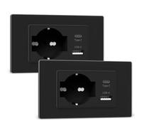 BSEED Presa Schuko e Presa Italiana con USB-A e Type-C, Prese Elettriche da Muro 10A/16A, Prese USB da Muro con Pannello di Vetro, Spina Bipassa 118mm Nero, 2 Pezzi